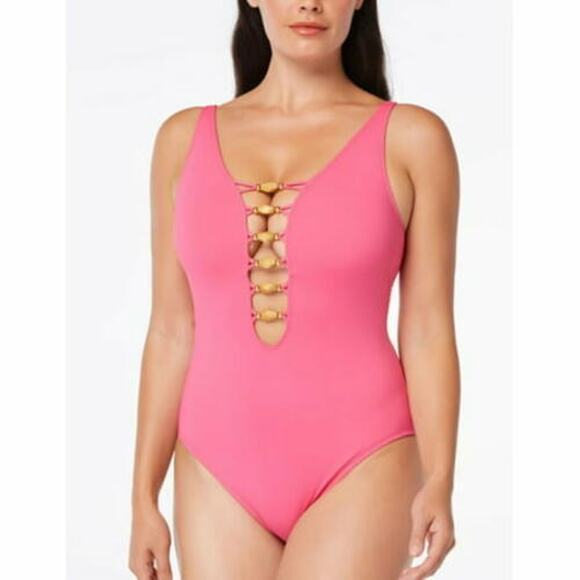 Bleu by Rod Beattie Beaded Cutout One Piece Swimsuit Rose Red Size 12 1264 - Picture 3 of 4